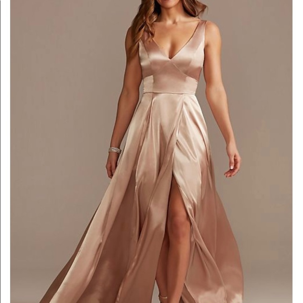 David's Bridal Satin V-Neck Maxi Dress in Champagne